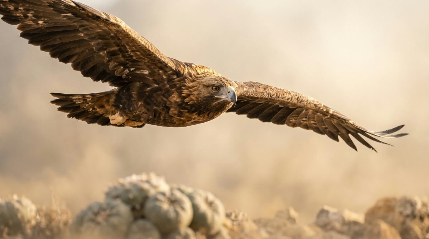 Águila real planeando sobre los peyotes del desierto de Wirikuta