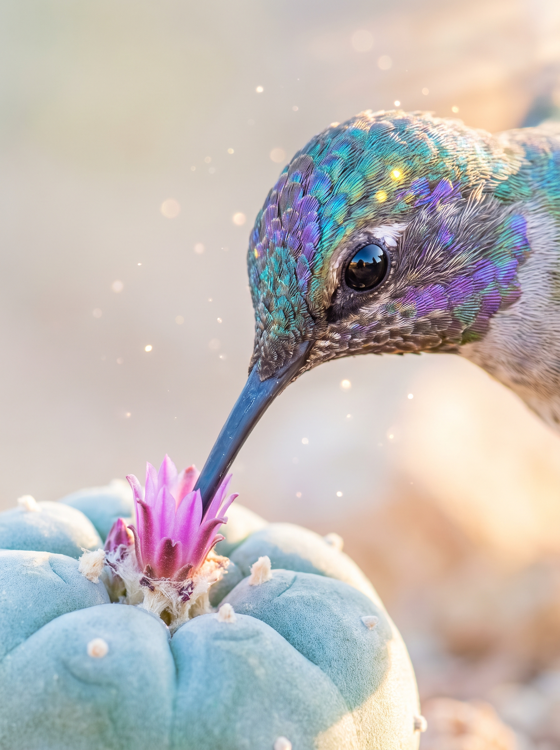 Un colibrí tomando néctar de la flor del híkuri en el desierto