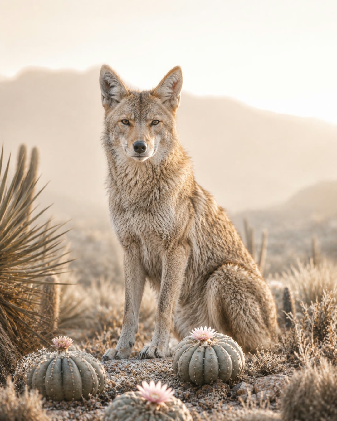 Coyote entre peyotes en el semidesierto de Wirikuta